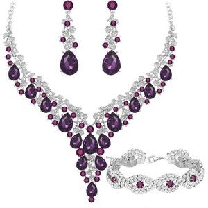 🆕Women Purple Crystal Jewelry Statement Choker Necklace Earrings Bracelets Set
